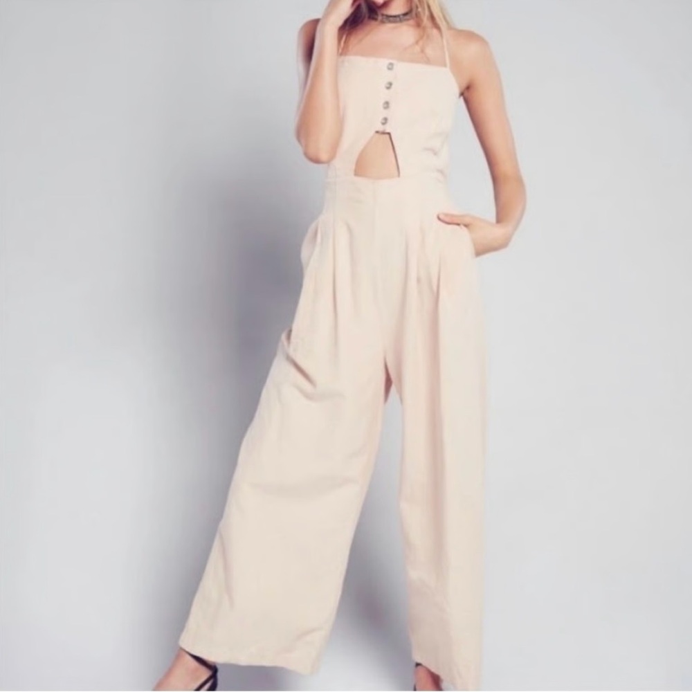Free People Marbella Linen Cutout One Piece Jumpsuit Wide‎ Leg